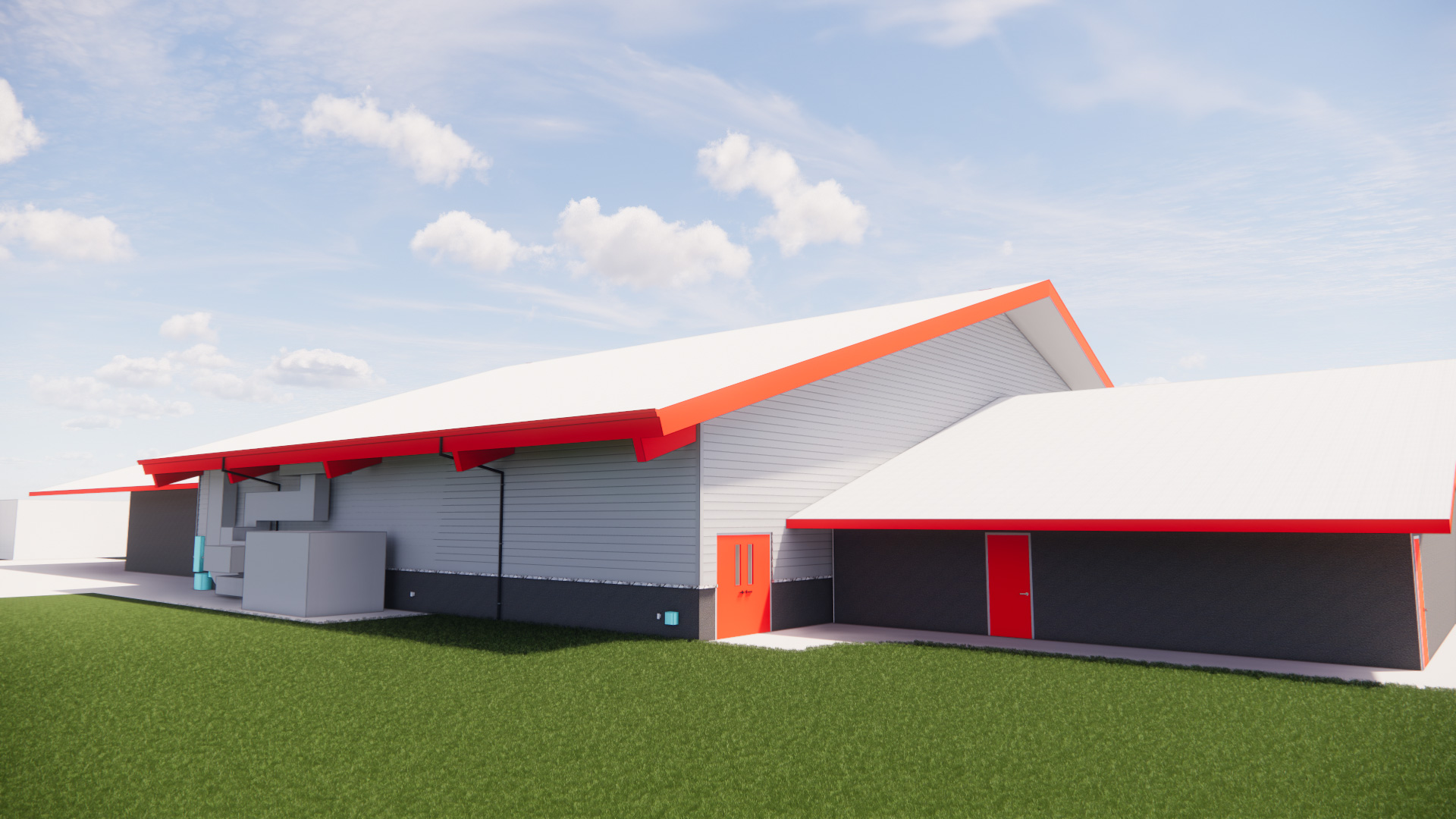 Rendering of gym exterior, with white paneled walls, gray wainscot, and red details.