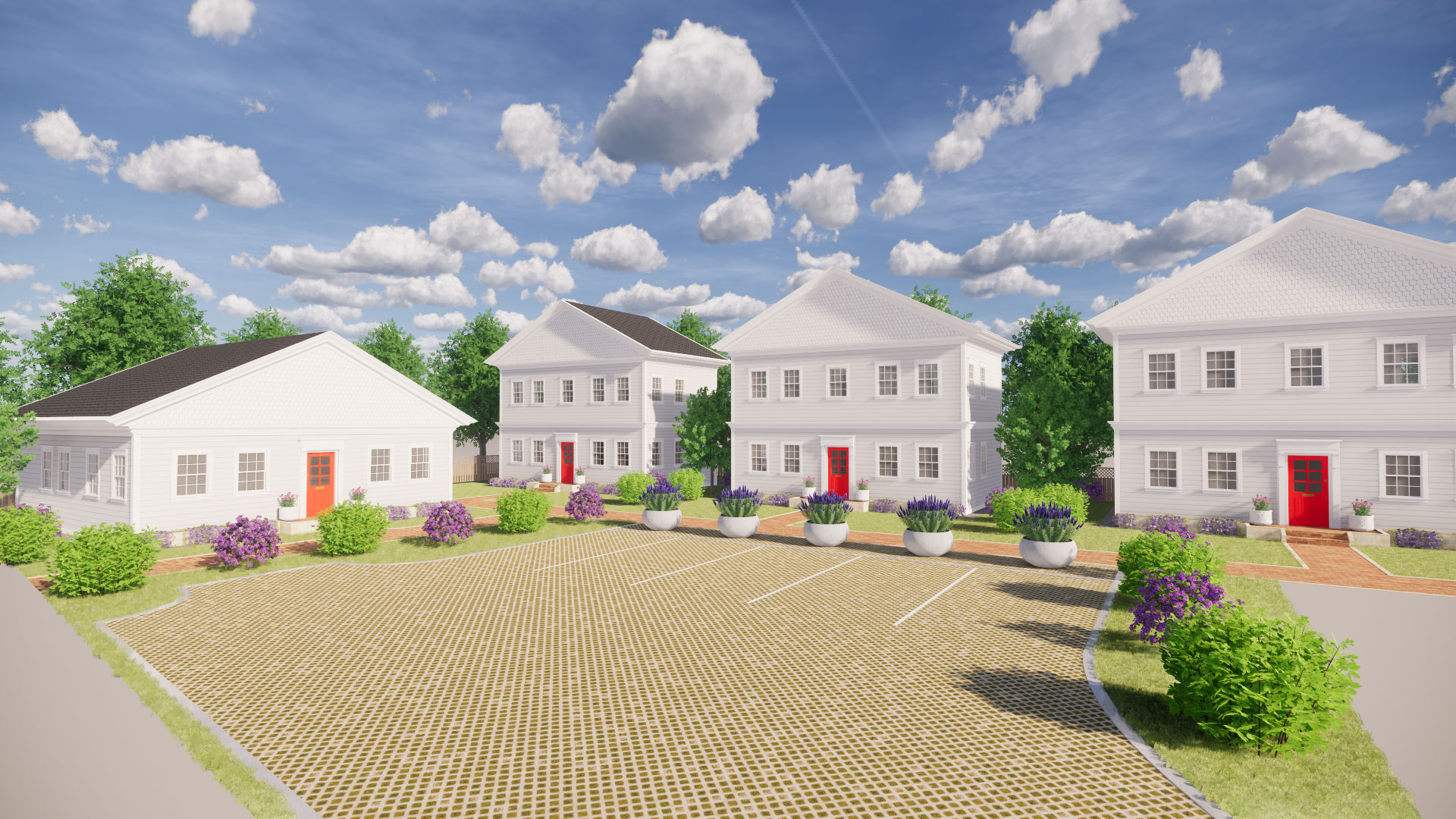 Exterior render of several two story colonial style homes along brick pathway and parking lot perimetered with bushes.
