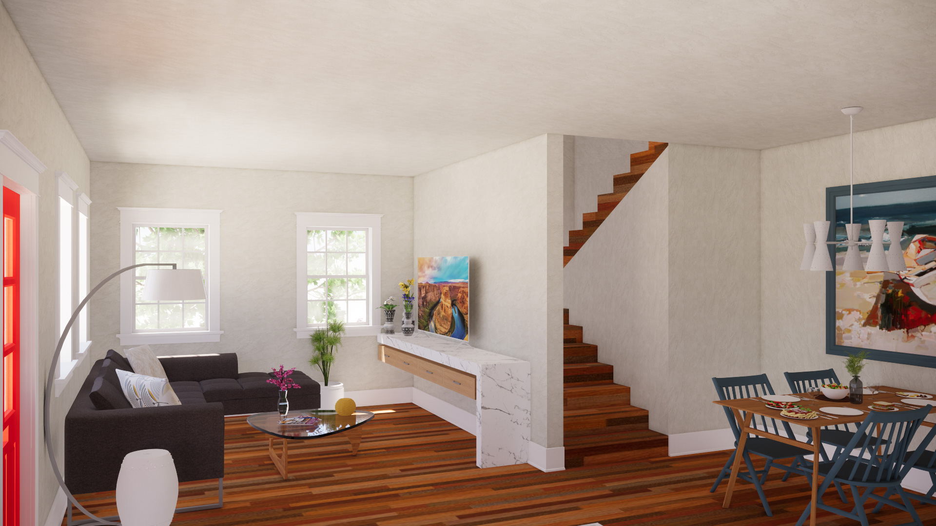 Interior render of two story style, with seating area in foreground and stairs behind.