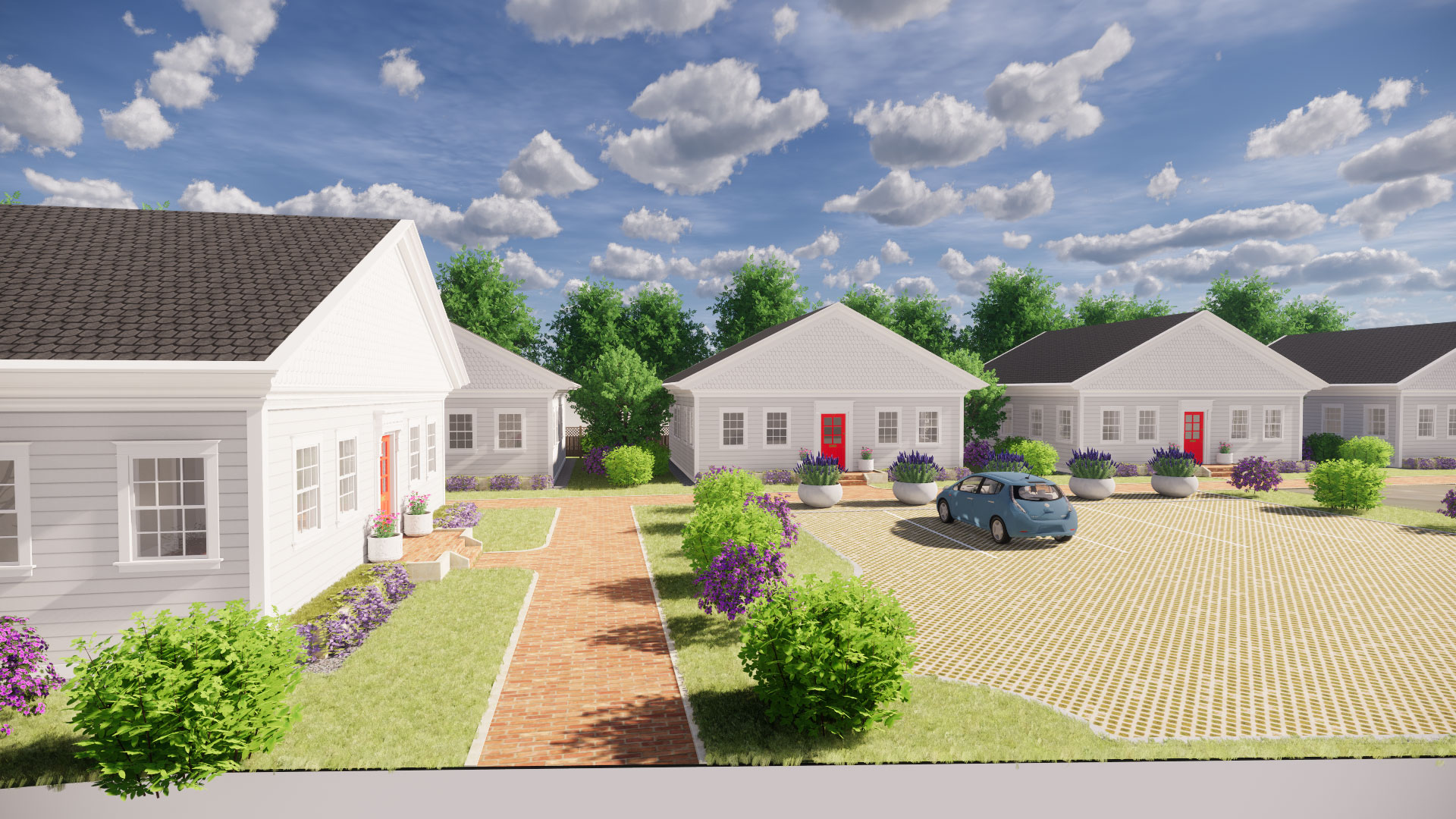 Closeup exterior render of line of 4 houses along brick path, blue sky and clouds above.